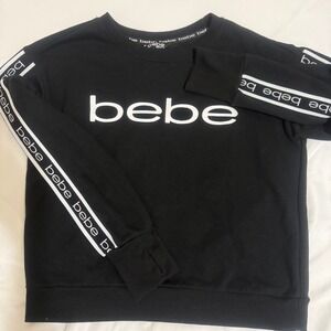 Bebe Sport Womens Logo Crewneck Sweatshirt Black White Sleeve Tape Small